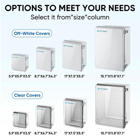Rugged Outdoor Waterproof IP67 Electrical Box Enclosure options with sizes and covers, including off-white and clear, for various uses.