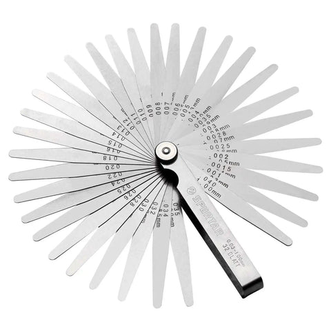 Dual Marked Feeler Gauge Set With 32 Tapered Stainless Steel Blades From 0.001 To 0.04 Inches SAE And Metric Readouts in fan layout