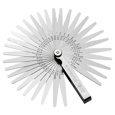 Feeler Gauge Set 0.001-0.04 Inch 32 Blades Stainless Steel Dual Marked SAE And Metric For Gap Thickness Or Width Measuring Spark Plug Valve Piston Guitar Maintenance, showing blades opened in a fan arrangement.