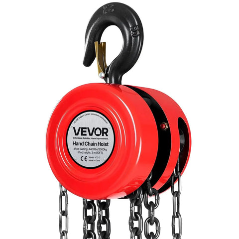 Close-up of Heavy Duty Hand Chain Hoist 2 Ton With 10 Ft Lift and Galvanized G70 Chain, showing red alloy steel case and hook.