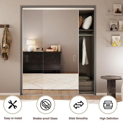 One Sided Full Length Mirror Closet Door 72x80 Inches Sliding Bypass With Steel Frame And Hardware Kit Easy To Install Modern Closet Door Adds Light And Space To Your Room installed in bedroom