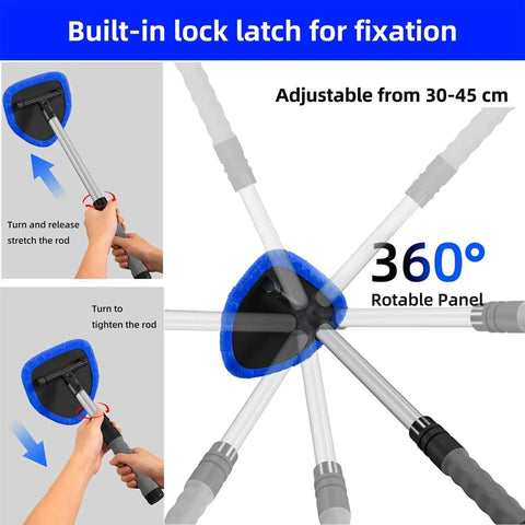 Extendable Windshield Cleaning Tool showing adjustable aluminum handle and 360-degree rotatable panel with blue microfiber pad