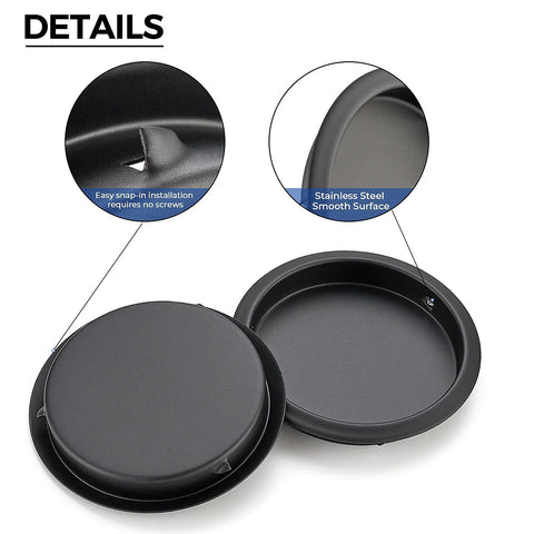 Close-up of 2-pack sliding closet door finger pulls black finish just snap in installation no nails needed fits two and one eighth inch holes durable stainless steel hardware for closet doors highlighting snap-in feature and stainless steel surface.