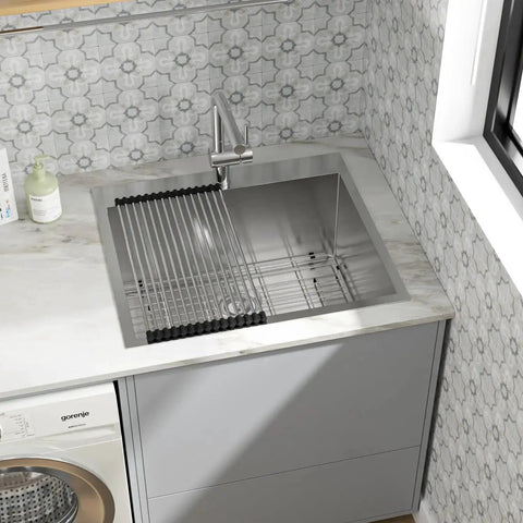 Installed Drop In Laundry Room Sink With 12 Inch Depth, 16 Gauge 304 Stainless Steel, 25 By 22 Inch Single Bowl Utility Sink in kitchen