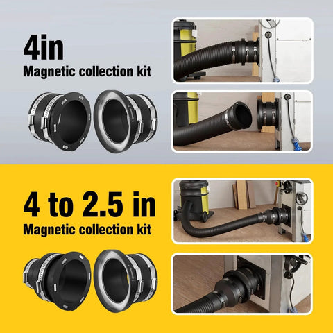 4-Inch Magnetic Dust Collection Fittings With Interlock Starter Kit easily connecting hose to machine port in shop setting