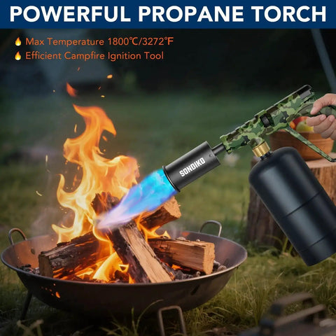 Propane Kitchen Torch Head With Adjustable Flame For Cooking, BBQ, Sous Vide, And Steak Searing, Kickass Blow Torch For Charcoal Starter, Camping, And Light Welding Projects being used on a campfire