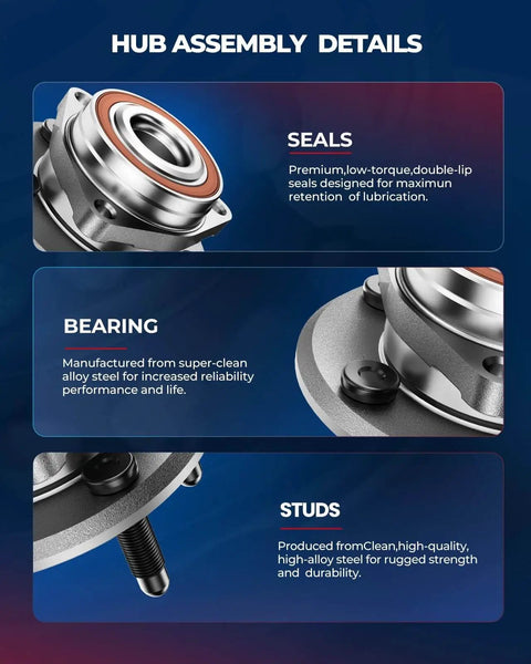 Detailed view of rear wheel bearing hub assembly with ABS components, highlighting seals, bearings, and studs for Buick and Cadillac models.