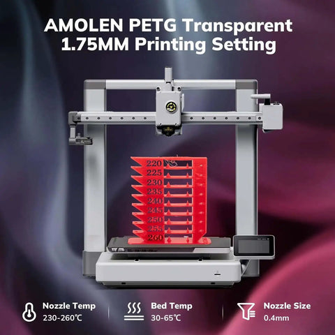 3D printer with PETG 1.75mm filament bundle, showing nozzle temp range 230-260°C, bed temp 30-65°C, nozzle size 0.4mm.