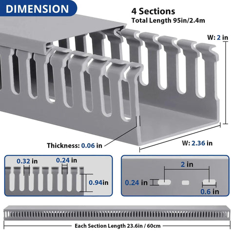 Pro Grade Cable Management Raceway Kit for Server Racks showing dimensions, 4 sections totaling 95in with open slot design and PVC material