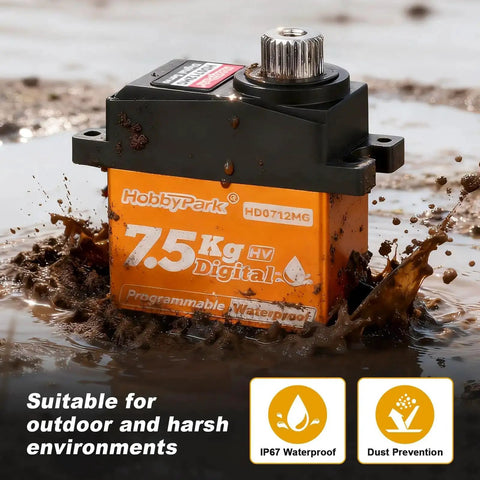 Waterproof 7.5Kg High Torque RC Micro Servo with Metal Gear in muddy water, showcasing IP67 waterproof protection.