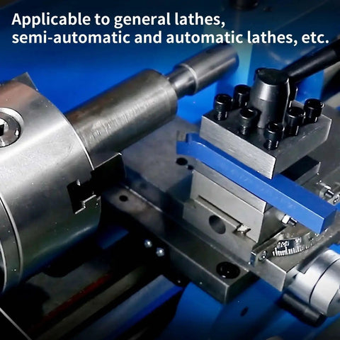 Close-up of lathe machine with Ten Pack Carbide Lathe Tool Bits Set For Metal Turning, Boring, And Chamfering With One Quarter Inch Shank