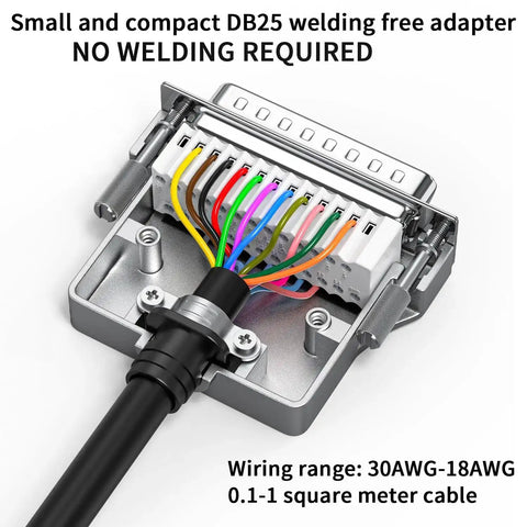 DB25 Male Breakout Board Adapter with beefy metal shell, tool-free solderless RS232 serial port terminal and color-coded wiring