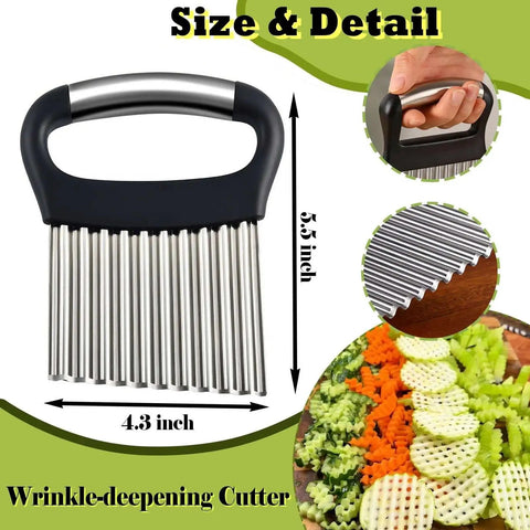 Crinkle Cutter For Veggies Wavy Chopper For French Fries And Waffle Fries Stainless Steel Pro Grade Crinkle Cut Fry Tool For Potatoes Carrots And Cucumbers With Ultra Sharp Blade For Restaurant Style Cuts. Image shows a stainless steel crinkle cutter with a 4.3-inch handle and 5.5-inch blade, featuring grooves and vegetables cut in crinkle style.