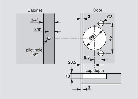 Diagram showing installation measurements for Compact Sleek BLUMOTION 39C Hinge With Soft Close Action, 110 Degree Opening, screw-on mount.