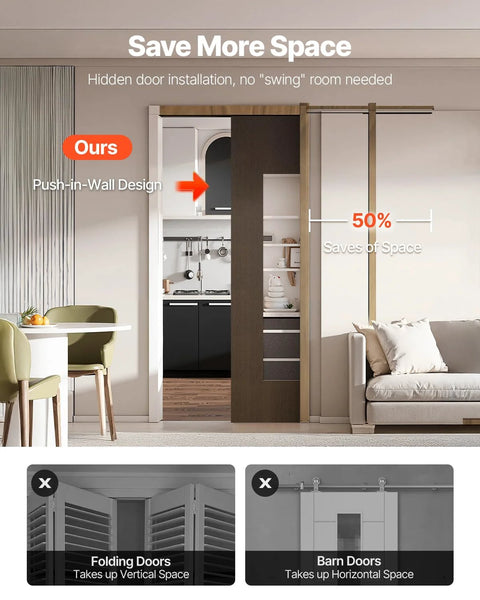 Pocket Door Frame Kit For 24 To 36 Inch Wide Doors 80 Inch High With Two Way Soft Close System, showing space-saving installation in living room.