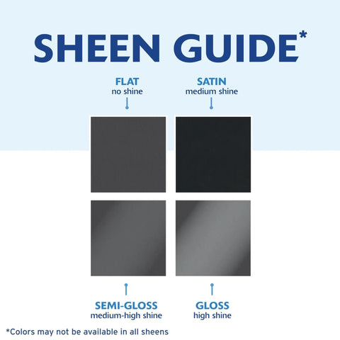Sheen guide displaying flat, satin, semi-gloss, and gloss finishes for oil based spray paint for interior and exterior matte black 12 oz 2X Ultra Cover