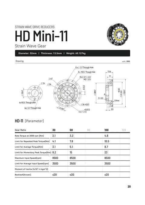 Technical diagram of Beefy Torque Harmonic Drive HD11 Strain Wave Gearbox For Nema 17 BLDC Motor Low Backlash Reducer 52mm CNC use