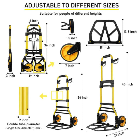 Foldable Aluminum Hand Truck Dolly With 440lbs Capacity showing adjustable size options and dimensions for travel and office uses.