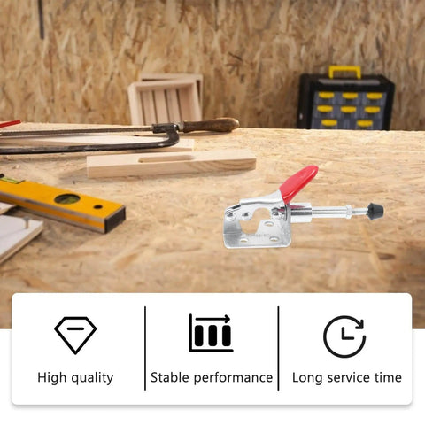 Four Pack Horizontal Toggle Clamps With Push Pull Quick Release For Workholding And Fixture Applications on a workshop table