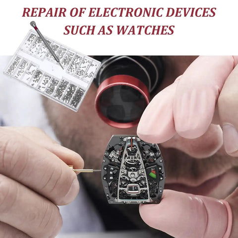 Close-up of a watch repair using 500Pcs Eyeglass Repair Kit With Tiny Micro Screws And Phillips Screwdriver.