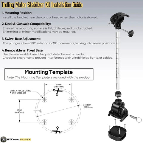 Installation guide for Electric Shaft Stabilizer For Bow Mount Trolling Motors MKA 60 with components and mounting template.