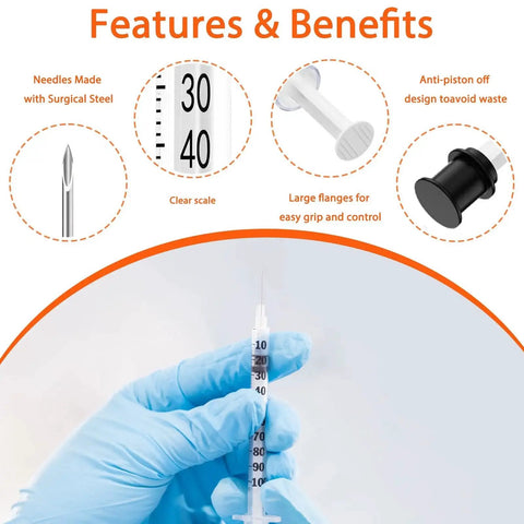 Gloved hand holding One Milliliter Syringe With 30G 8mm Needle, Individually Wrapped Pack Of 30, showing features and benefits.