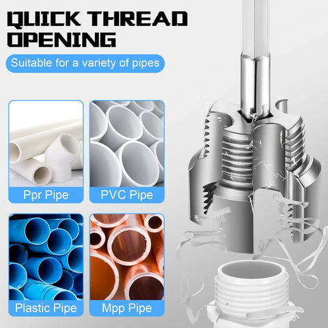 Diagram showing Pro Grade All In One Pipe Thread Cutting Tool With Integrated Internal And External Threading PVC PPR MPP Tubing Electric Drill.