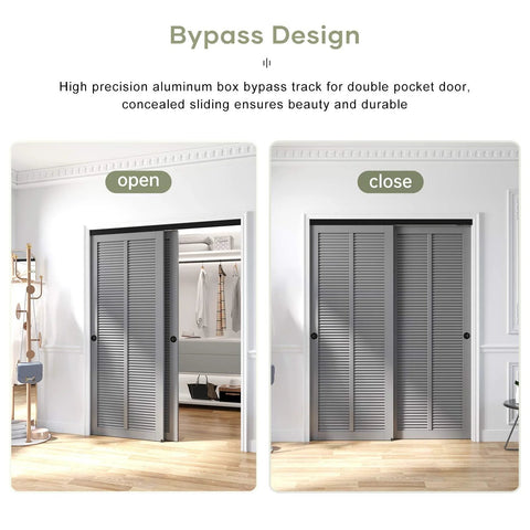 Double Sliding Pocket Door Bypass Hardware Kit 5ft Aluminum Track Pro Grade Quiet Glide Smooth Rollers Easy Install Bypassing Closet Door Rail Black Finish Heavy Duty Commercial Style, shown installed on a closet, with doors open and closed view.