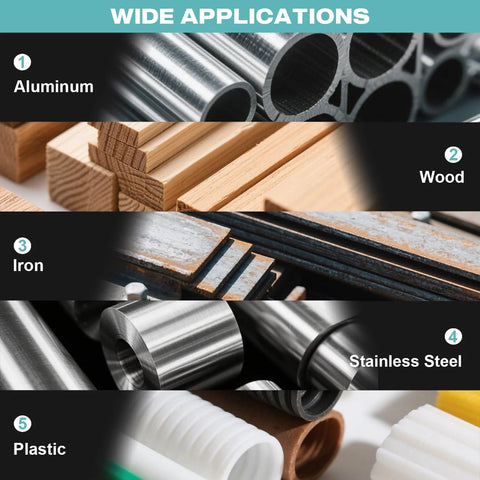 Image showing applications for cobalt drill bit set on aluminum, wood, iron, stainless steel, and plastic materials.