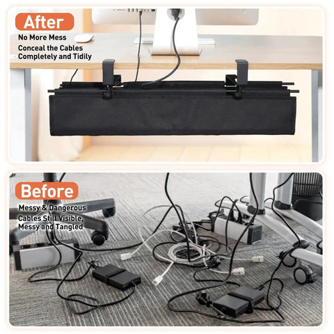 Before and after using Under Desk Cable Management Tray Clamp On Wire Organizer, showing tidy and untidy cord setups in a home office.