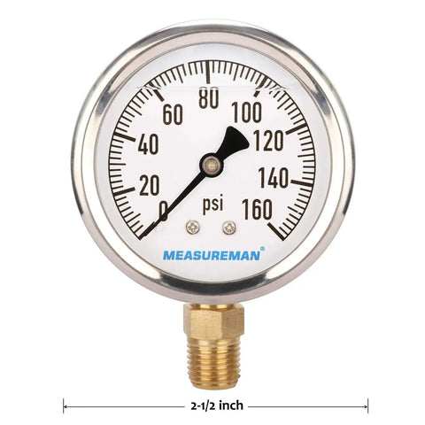 Glycerin-Filled Plumbing Pressure Gauge For Gas And Non-Corrosive Liquids, 2-1/2 Inch Dial, 0-160 PSI, stainless steel case.