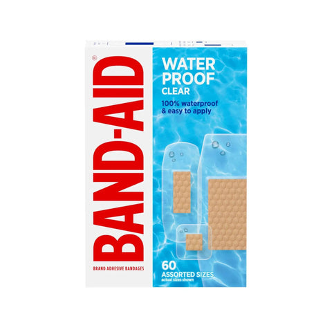Box of Band-Aid Clear Waterproof Adhesive Bandages for Minor Wounds with Cushioned Quilt Aid Pad, 60 assorted sizes