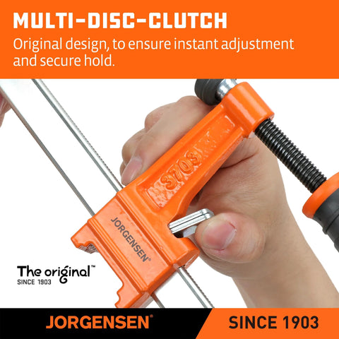 Jorgensen steel bar clamp, orange F-clamp, 6 and 12 inch sizes, 600 lb load capacity, handheld use