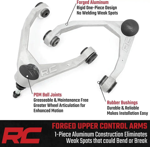 Forged Upper Control Arms for 07 18 Chevy and GMC Trucks and SUVs, aluminum design, featuring POM ball joints and rubber bushings.
