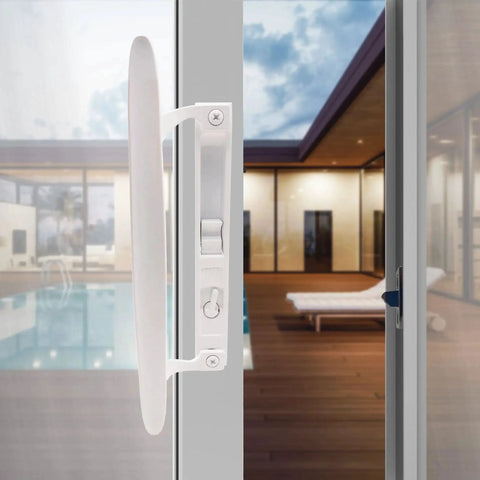 Flush Mount Sliding Glass Door Handleset Non-Keyed With Night Lock And Hook Latch, 6 5/8 Inch Hole Spacing Installed on Door