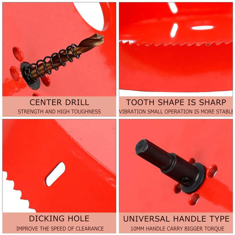 Close-up of Bi Metal 5.5 Inch Hole Saw HSS Cutter with Arbor, showing sharp tooth shape, center drill, and handle design.