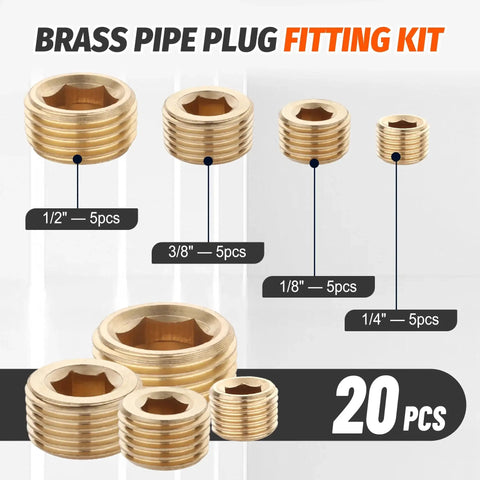 Brass Pipe Plug Assortment Kit With One Eighth Inch One Quarter Inch Three Eighths Inch One Half Inch NPT Plugs Internal Hex Thread Socket Fittings 20 Pieces