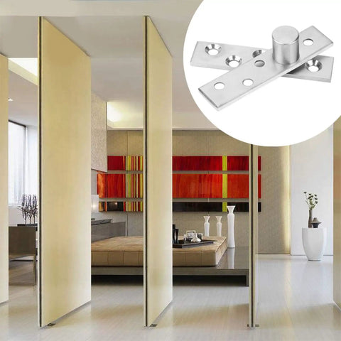 Room with modern decor showing Hidden Door Pivot Hinge Set 2 Pack, 360 Degree Stainless Steel Concealed Rotating Axis Hinges.