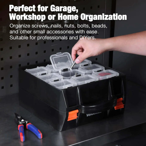 Person using Double-Sided Parts Organizer Box With Eighteen Removable Bins Portable Screw And Hardware Storage Case For Nuts Bolts Nails Washers Small Parts And DIY Pro Projects