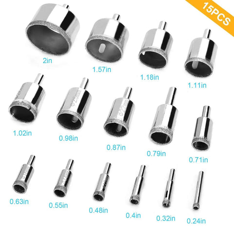 15 Piece Diamond Drill Bit Set For Ceramic And Glass Diamond Hole Saw Kit 6Mm To 50Mm Pro Grade with various sizes displayed
