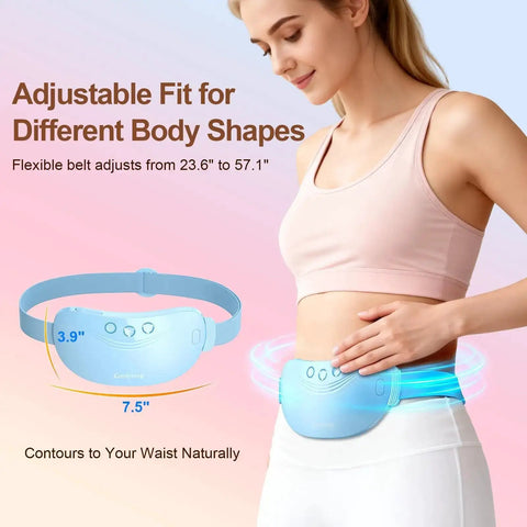 Woman wearing Cordless Portable Heating Pad For Period Cramps On The Go, showing adjustable belt fit and dimensions.