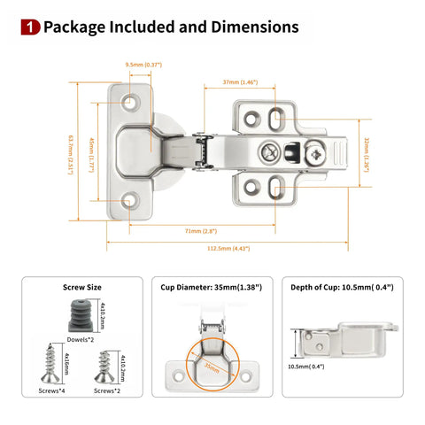 Two Pack Full Overlay Frameless Soft Close Concealed European Cabinet Hinges with 35mm Cup Diameter and 45mm Screw Hole Spacing