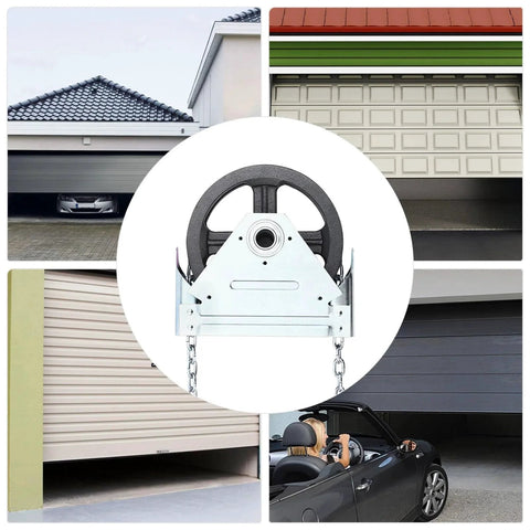 Garage Door Jackshaft Chain Hoist 1 To 1 Reduced Drive, 331 Lbs Capacity, shown with various roll up door types.