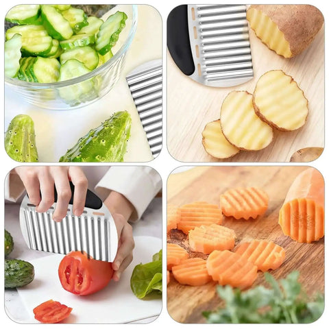 Stainless Steel Potato Crinkle Cutter And French Fry Cutter Large Wavy Slicer For Vegetables And Fruits Must Have Dope Durable Kitchen Chopping Tool For Potatoes Carrots Onions And More Black slicing cucumbers, potatoes, tomatoes, and carrots.