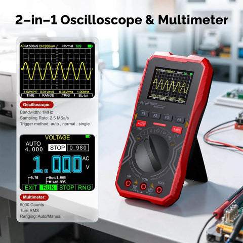 2 In 1 Handheld Oscilloscope And Multimeter Combo For Electronics DIY with 1MHz Bandwidth, 2.4 inch display on desk