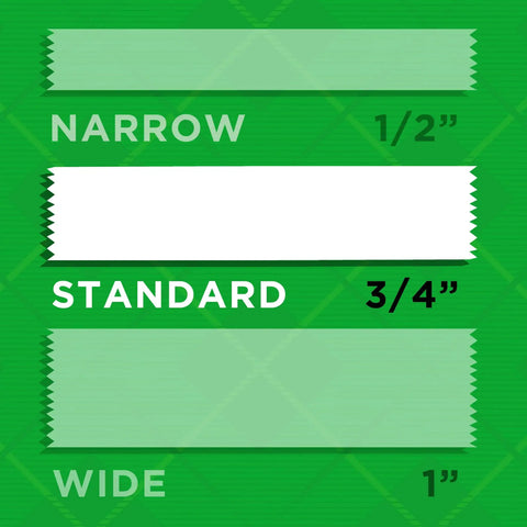 Size comparison of Invisible Magic Tape 4-Pack Refill Rolls 0.75 in x 1000 in, featuring narrow, standard, and wide options on a green background.