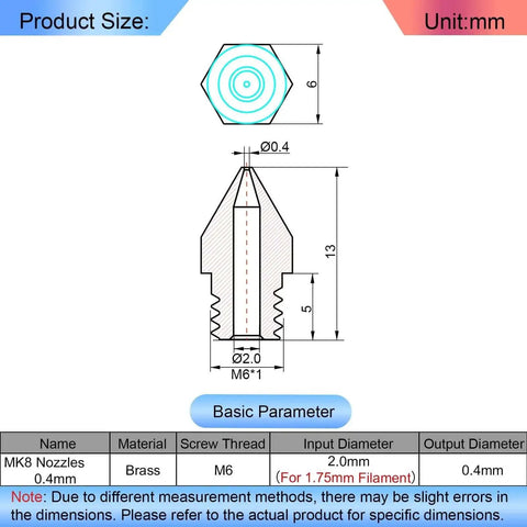 Diagram of MK8 brass nozzle showing dimensions for 26Pcs Ender 3 Nozzles Kit MK8 Brass 3D Printer Nozzles 0.2mm to 1.0mm.