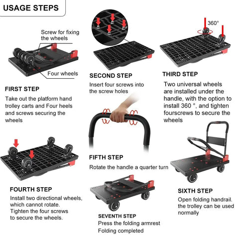 Assembly instructions for Folding Mobile Platform Trolley Heavy Duty Dolly Cart With Thickened Reinforced Base 360 Degree Swivel Wheels