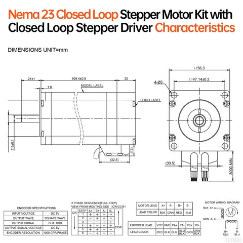 Technical diagram of Sturdy Nema 23 Closed Loop Stepper Motor Kit With Closed Loop Driver For CNC Lathe Router and 3D Printer DIY Robot Projects
