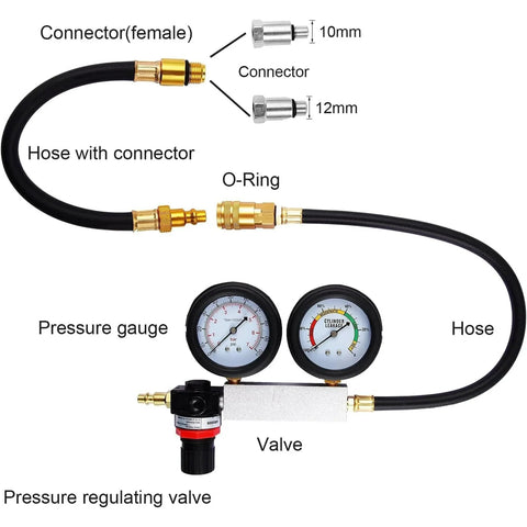 Cylinder Leak Down Tester Kit with Dual 100 PSI Gauges for Pro Grade Engine Leakage Diagnostics shown with hoses, adapters, and connectors